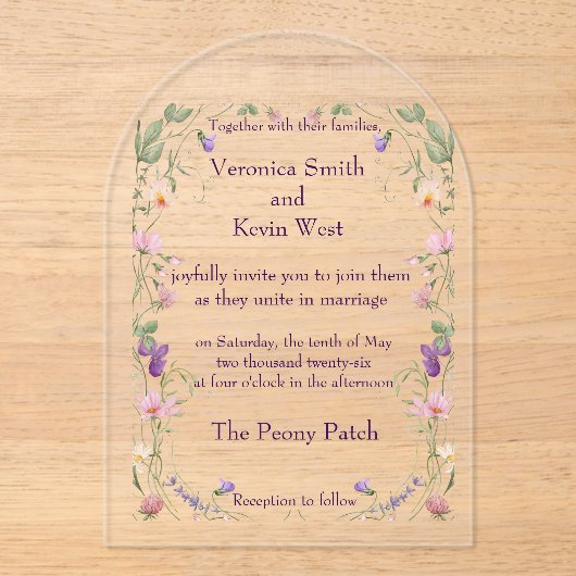 Elegante Wildflower Clear Acryl Huwelijksuitnodigi Acryl Uitnodigingen (Voorkant)