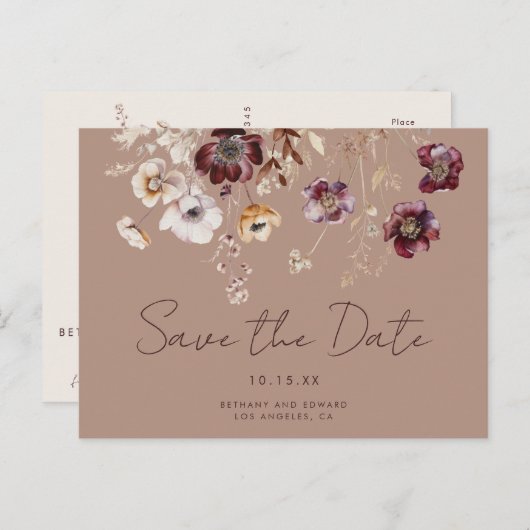 Elegante Wildflower Fall Wedding Save the Date Briefkaart (Voorkant / Achterkant)