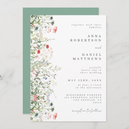 Elegante Wildflower Field Wedding Kaart (Voorkant / Achterkant)