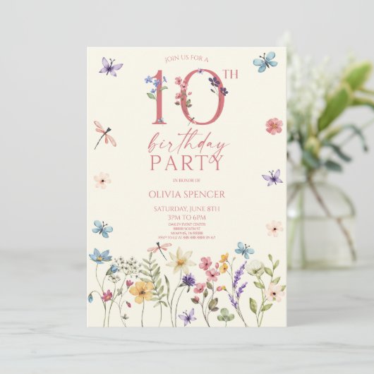 Elegante Wildflower Floral 10e verjaardagsfeest Kaart (Staand voorkant)