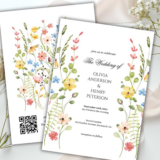 Elegante Wildflower Floral Garden QR Code Wedding Kaart