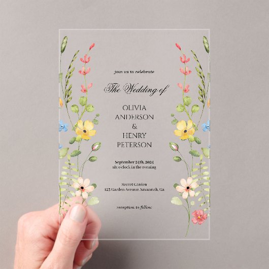 Elegante Wildflower Floral Garden Spring Wedding Acryl Uitnodigingen (Insitu (Draagbaar))