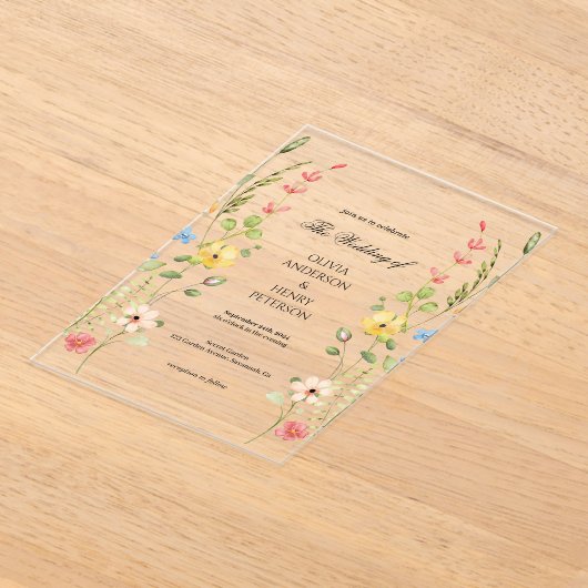 Elegante Wildflower Floral Garden Spring Wedding Acryl Uitnodigingen (Laagn)