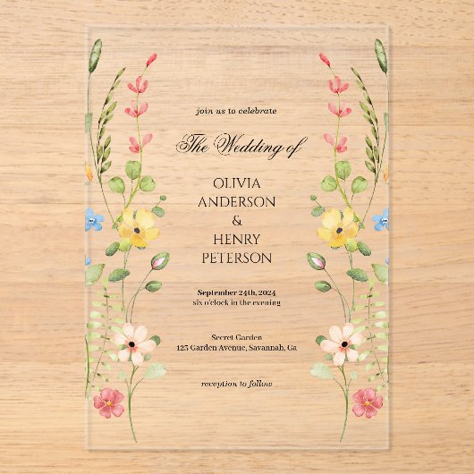 Elegante Wildflower Floral Garden Spring Wedding Acryl Uitnodigingen (Voorkant)