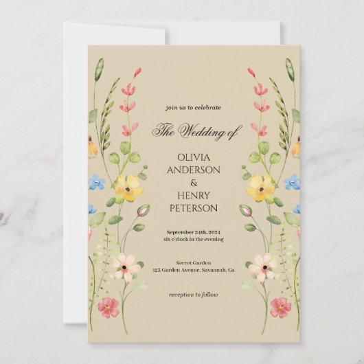 Elegante Wildflower Floral Neutral QR Code Wedding Kaart (Voorkant)