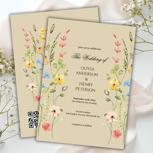 Elegante Wildflower Floral Neutral QR Code Wedding Kaart