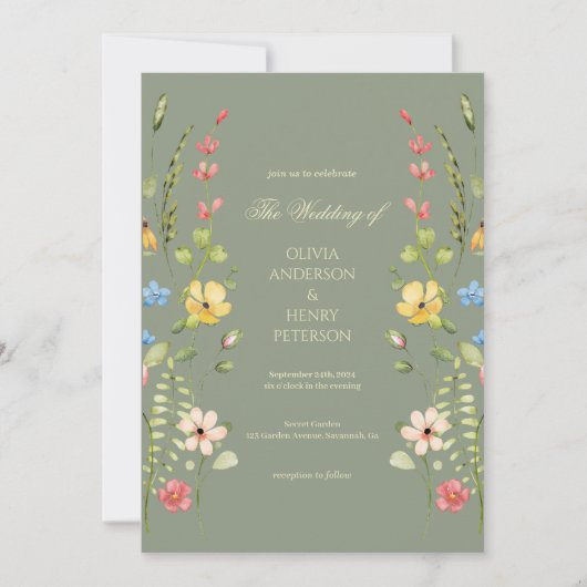 Elegante Wildflower Floral Sage QR Code Wedding Kaart (Voorkant)