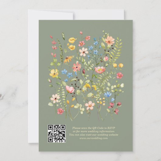 Elegante Wildflower Floral Sage QR Code Wedding Kaart (Achterkant)