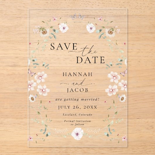 Elegante Wildflower Floral Wedding Save the Date Acryl Uitnodigingen (Voorkant)