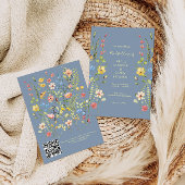 Elegante Wildflower Garden Blue QR Code Wedding Kaart