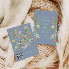 Elegante Wildflower Garden Blue QR Code Wedding Kaart