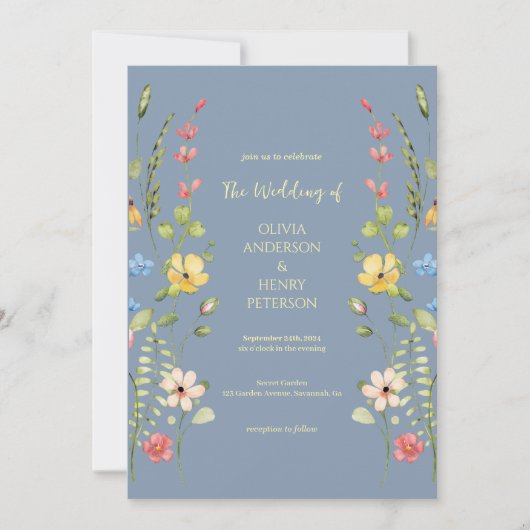 Elegante Wildflower Garden Blue QR Code Wedding Kaart (Voorkant)