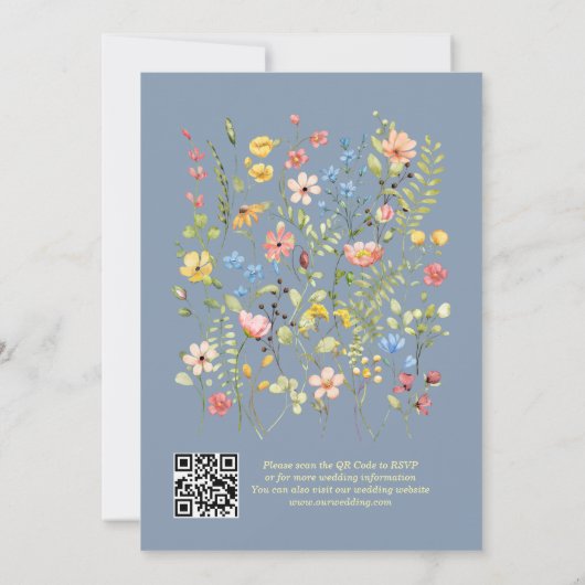 Elegante Wildflower Garden Blue QR Code Wedding Kaart (Achterkant)