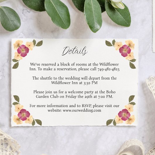 Elegante Wildflower Garden Boho Wedding Details Informatiekaartje