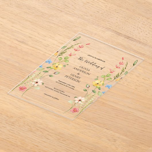 Elegante Wildflower Garden Floral Spring Wedding Acryl Uitnodigingen (Laagn)