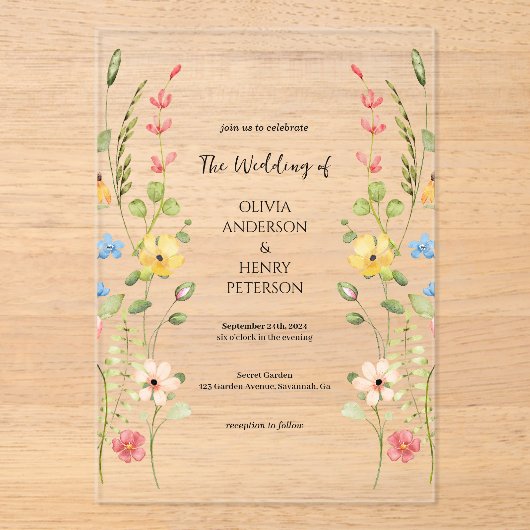 Elegante Wildflower Garden Floral Spring Wedding Acryl Uitnodigingen (Voorkant)