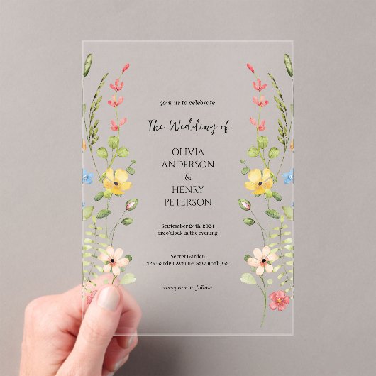 Elegante Wildflower Garden Floral Spring Wedding Acryl Uitnodigingen (Insitu (Draagbaar))