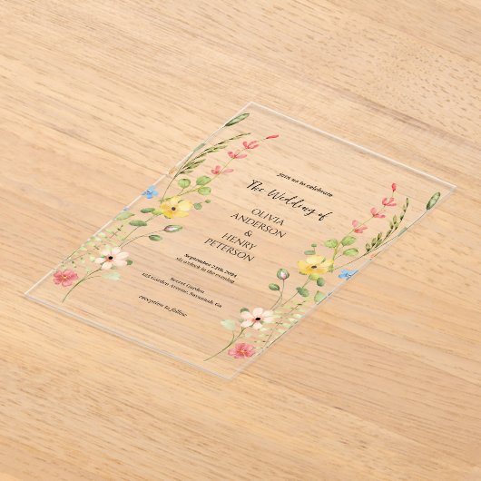 Elegante Wildflower Garden Floral Spring Wedding Acryl Uitnodigingen (Laagn)