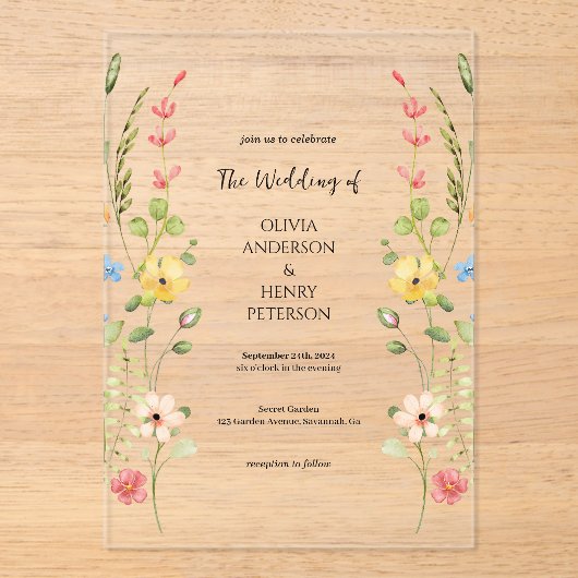 Elegante Wildflower Garden Floral Spring Wedding Acryl Uitnodigingen (Voorkant)