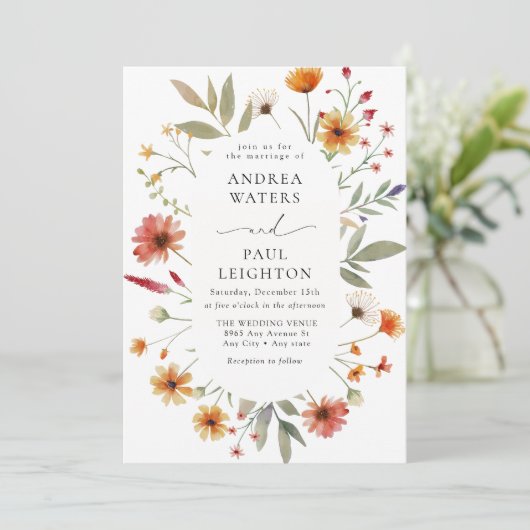 Elegante Wildflower groen bruiloft Kaart (Staand voorkant)