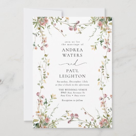Elegante Wildflower groen bruiloft Kaart (Voorkant)