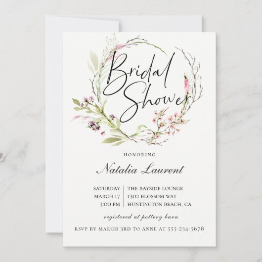 Elegante Wildflower Krans Bruidsdouche Uitnodiging (Voorkant)