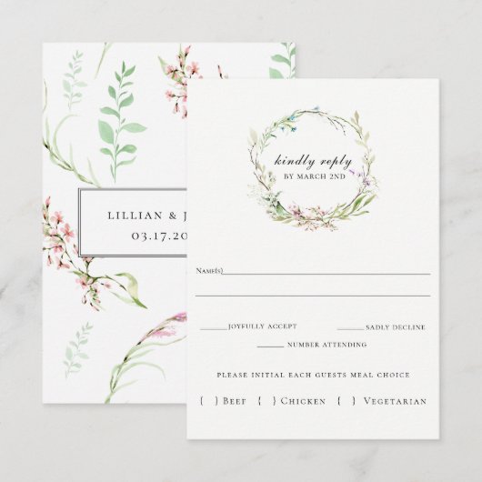 Elegante Wildflower Krans Bruiloft RSVP Kaart (Voorkant / Achterkant)