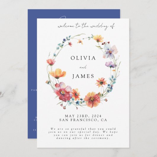 Elegante Wildflower krans Zomer bruiloft Welkom Programmakaart (Voorkant / Achterkant)