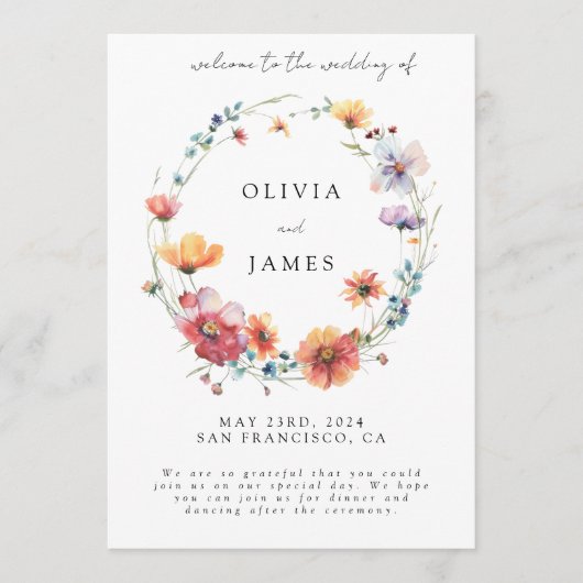 Elegante Wildflower krans Zomer bruiloft Welkom Programmakaart (Voorkant)