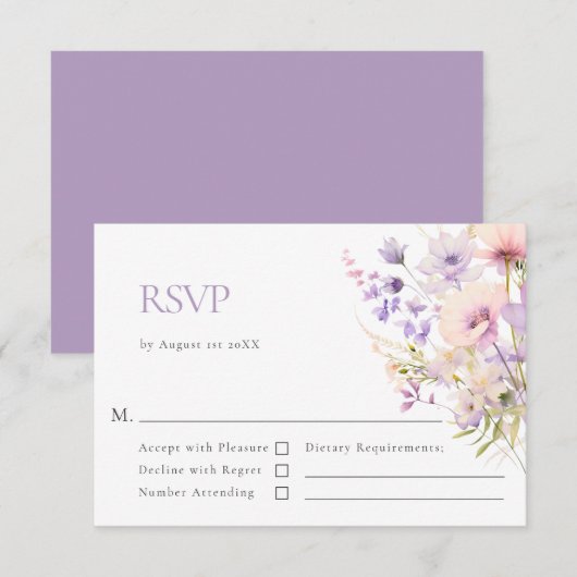 Elegante Wildflower Lavendel Violet Bruiloft RSVP Kaartje (Voorkant / Achterkant)
