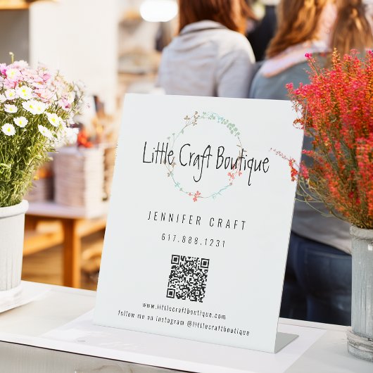 Elegante Wildflower Line Art Wreath QR-code Reclamebord Met Voetstuk