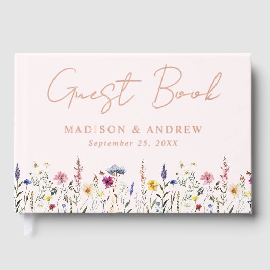 Elegante Wildflower Meadow Blush Roze Foto Bruilof Gastenboek (Voorkant)