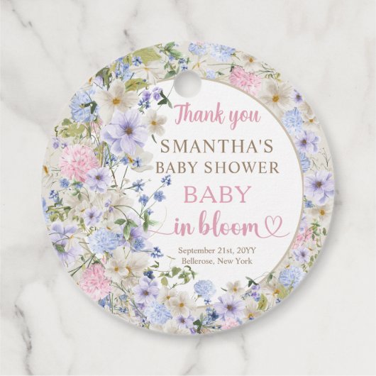 Elegante Wildflower Meadow Blush Roze Lichtblauw Bedankjes Labels (Achterkant)