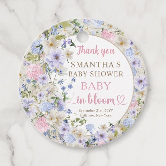 Elegante Wildflower Meadow Blush Roze Lichtblauw Bedankjes Labels (Voorkant)