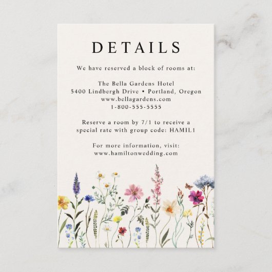 Elegante Wildflower Meadow Cream Bruiloft Details Informatiekaartje (Voorkant)