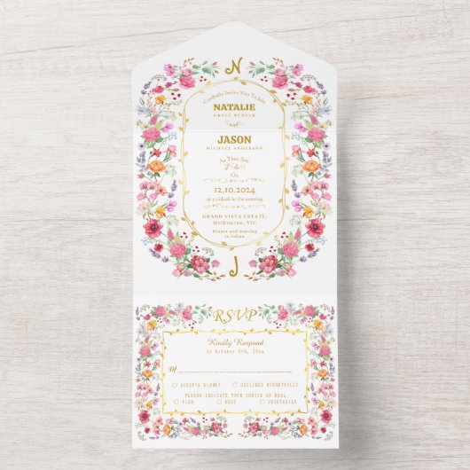 Elegante Wildflower Meadow Spring Garden bruiloft All In One Uitnodiging (Binnen)