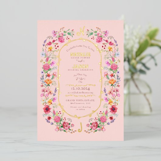 Elegante Wildflower Meadow Spring Garden bruiloft Folie Uitnodiging (Staand Voorkant)