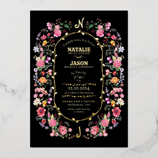 Elegante Wildflower Meadow Spring Garden bruiloft Folie Uitnodiging (Voorkant)