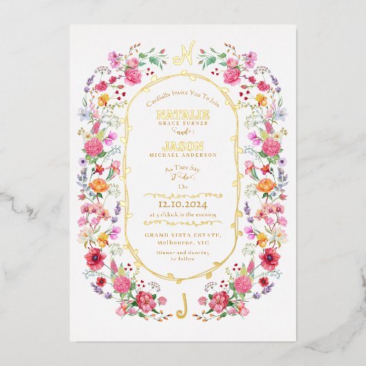 Elegante Wildflower Meadow Spring Garden bruiloft Folie Uitnodiging (Voorkant)