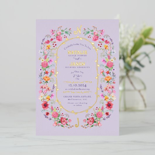 Elegante Wildflower Meadow Spring Garden bruiloft Folie Uitnodiging (Staand Voorkant)