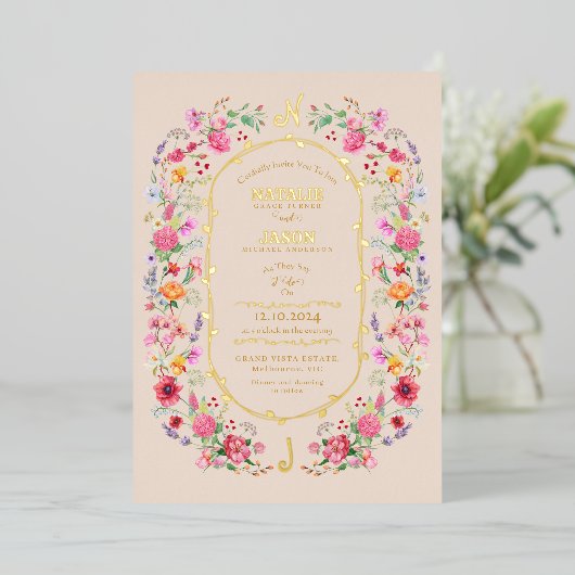 Elegante Wildflower Meadow Spring Garden bruiloft Folie Uitnodiging (Staand Voorkant)