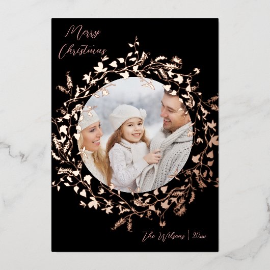 Elegante Wildflower Merry Christmas Foto Roos Gold Folie Feestdagenkaart (Voorkant)