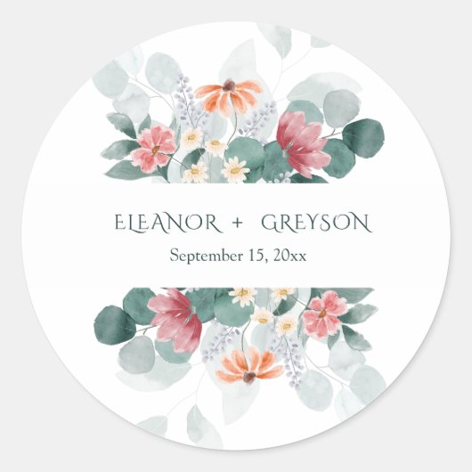 Elegante wildflower monogram bruiloft ronde sticker (Voorkant)