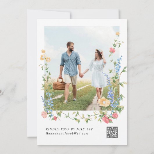 Elegante Wildflower Monogram Fotobruiloft Kaart (Achterkant)