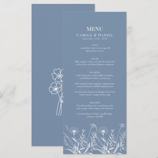 Elegante Wildflower Periwinkle bruiloft Menu (Voorkant / Achterkant)