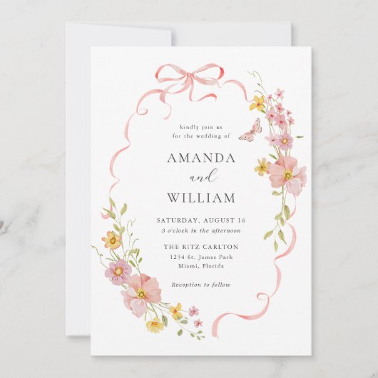Elegante Wildflower Pink Bow Wedding Kaart (Voorkant)