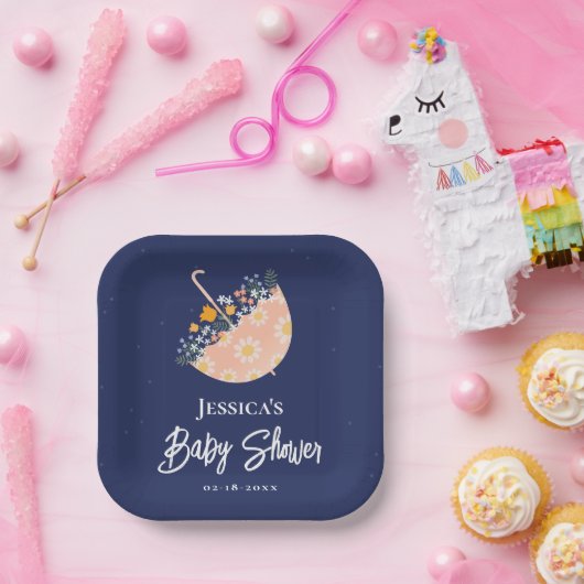Elegante Wildflower Roze Paraplu Baby shower Papieren Bordje (Feest)