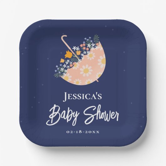 Elegante Wildflower Roze Paraplu Baby shower Papieren Bordje (Voorkant)