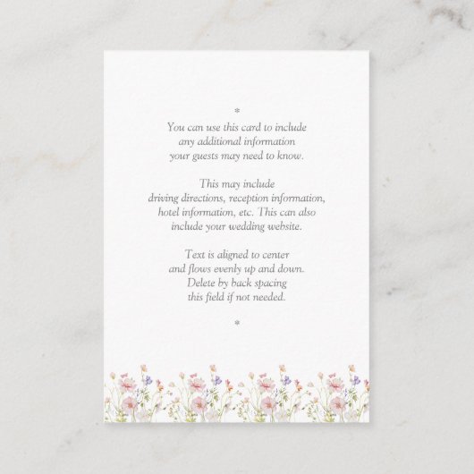 Elegante Wildflower  Tuin Bruiloft Details Informatiekaartje (Achterkant)