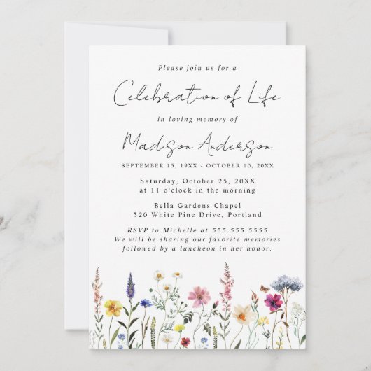 Elegante Wildflower Viering van het Leven Begrafen Kaart (Voorkant)